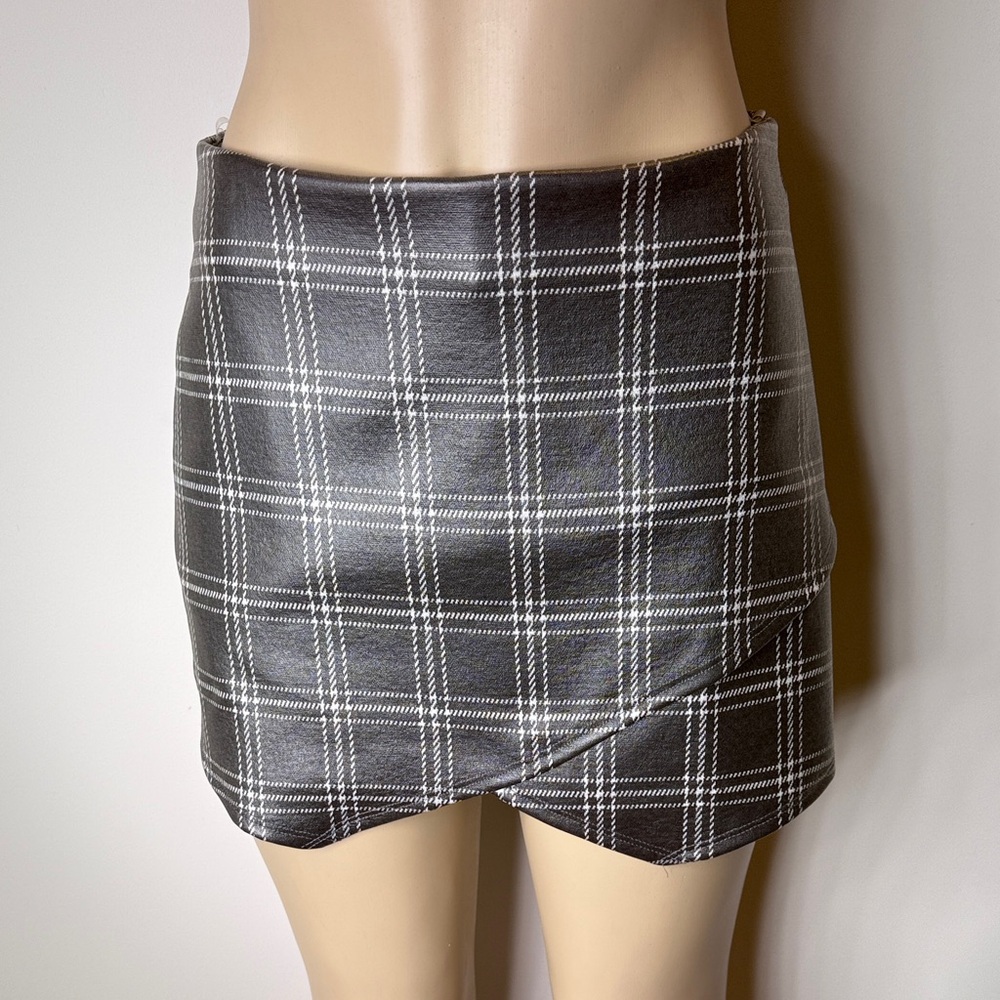 Blue Blush Grey Plaid Faux Leather Wrap-Style Mini Skirt